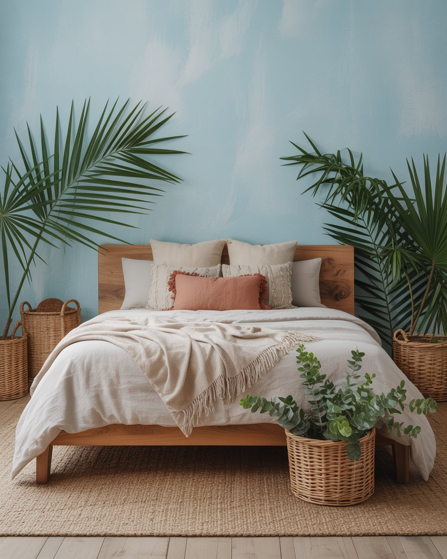 A boho bedroom with light blue walls and a natural wood bed frame.