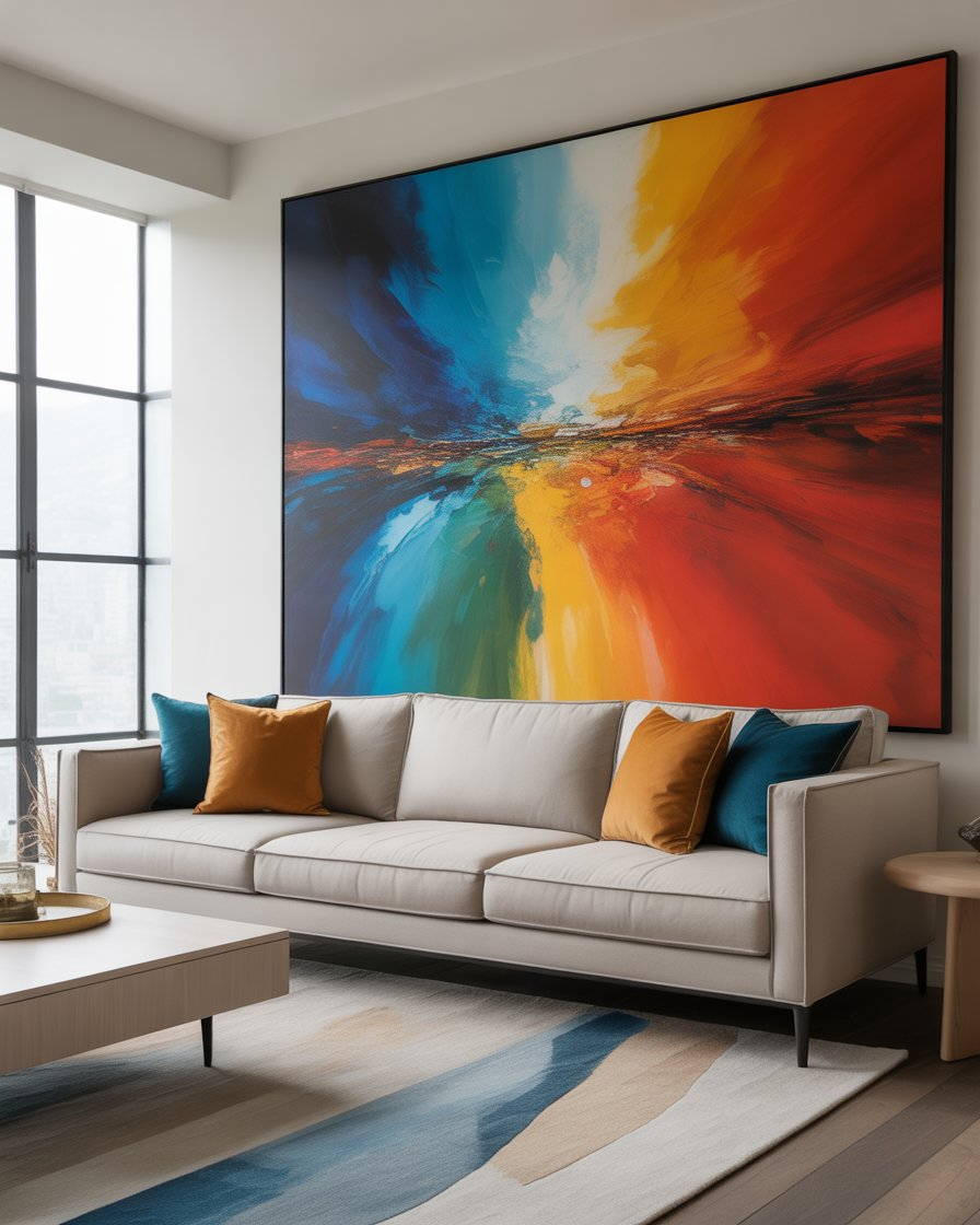Family room with vibrant, statement artwork adorning the walls.