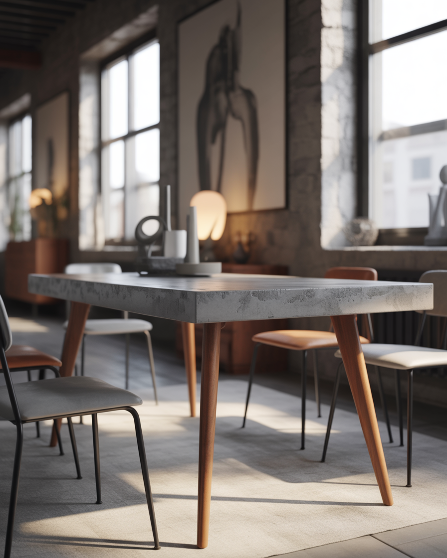 Concrete dining table with wooden legs in an industrial-style dining room.