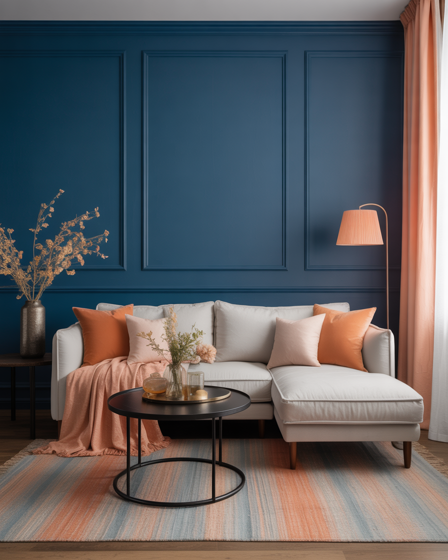 Elegant room with dark blue walls and soft orange curtains creating a balanced and inviting space.