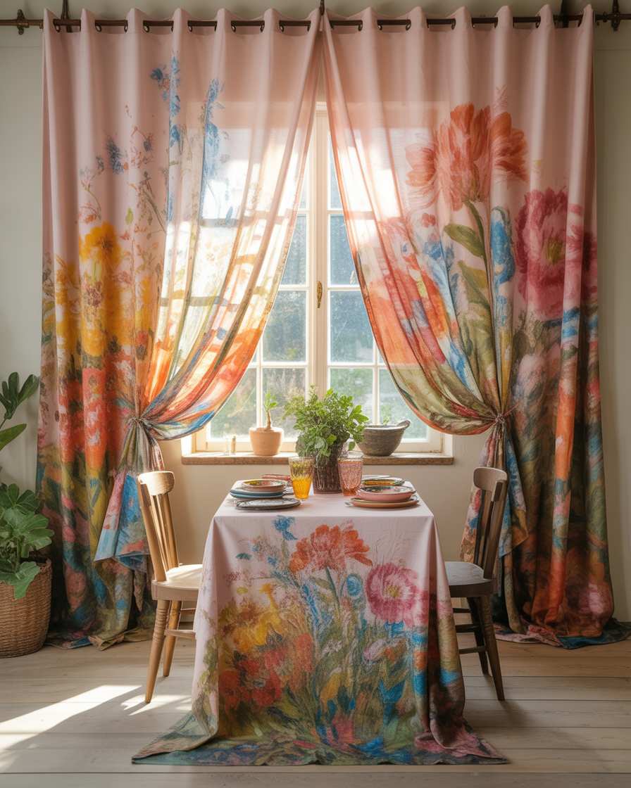 Hand-painted fabric shades with floral designs in a boho dining room.