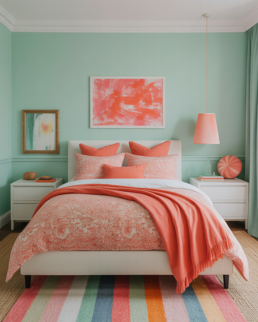 A lively bedroom with mint green and coral hues, adding energy and personality to the space.