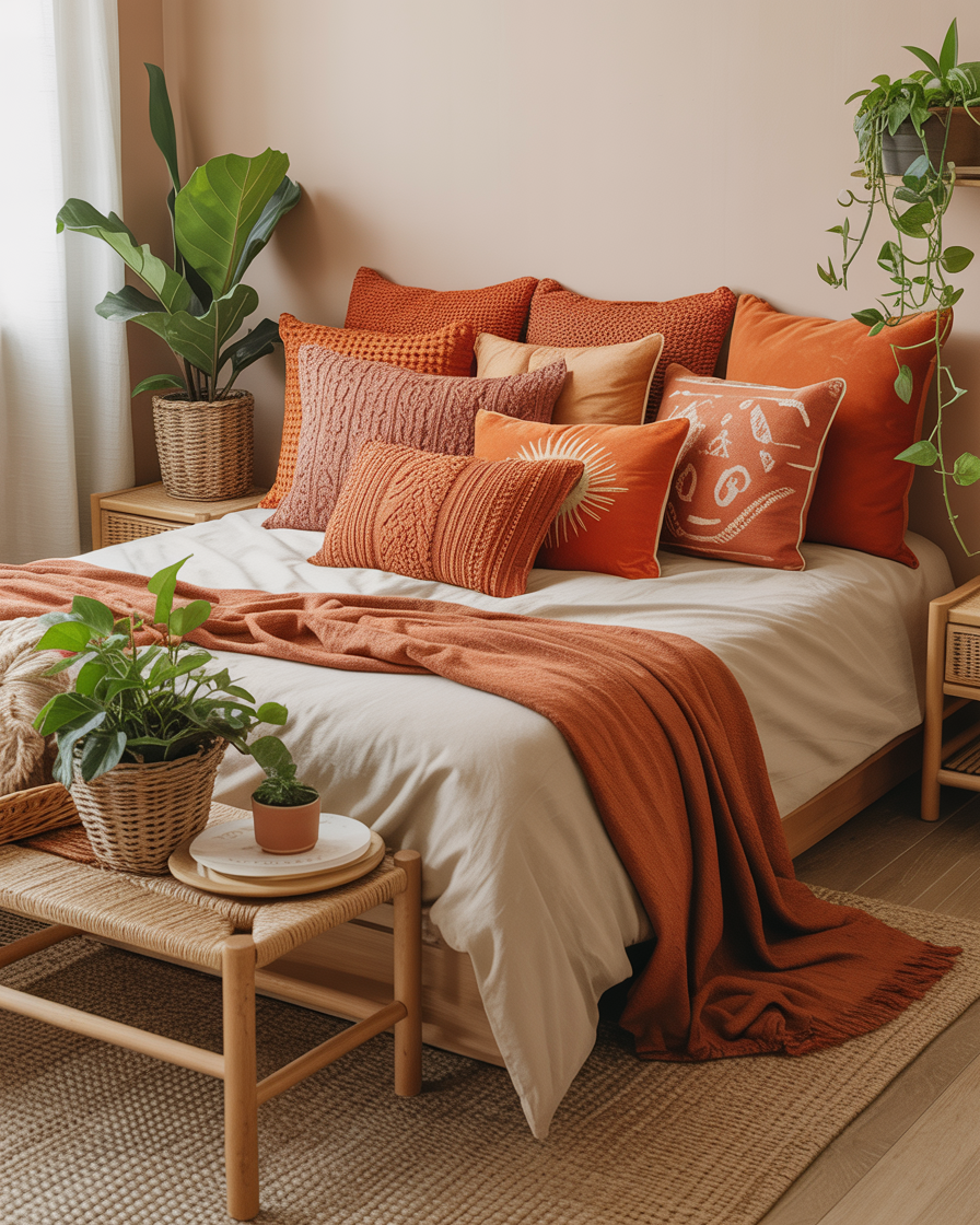 A boho bedroom with a mix of terracotta and orange decorative pillows on the bed.