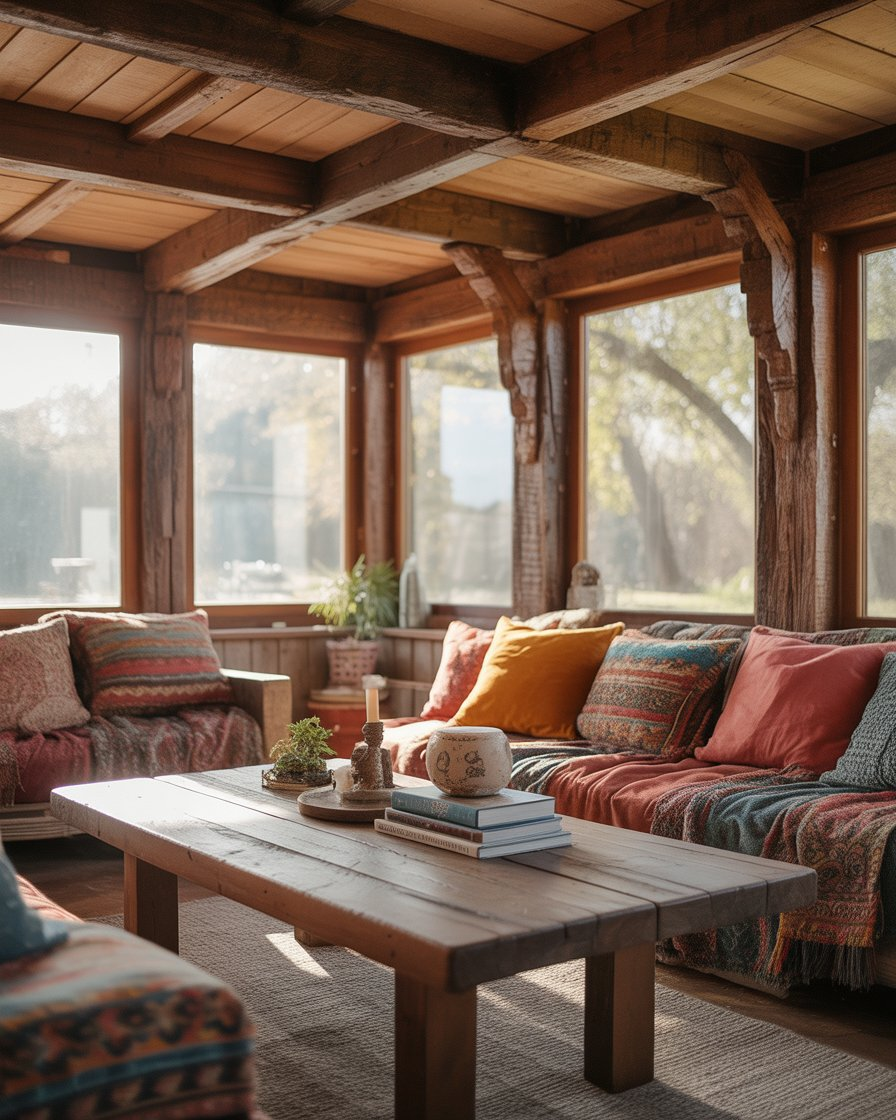 Rustic wood accents in a cozy boho sunroom.