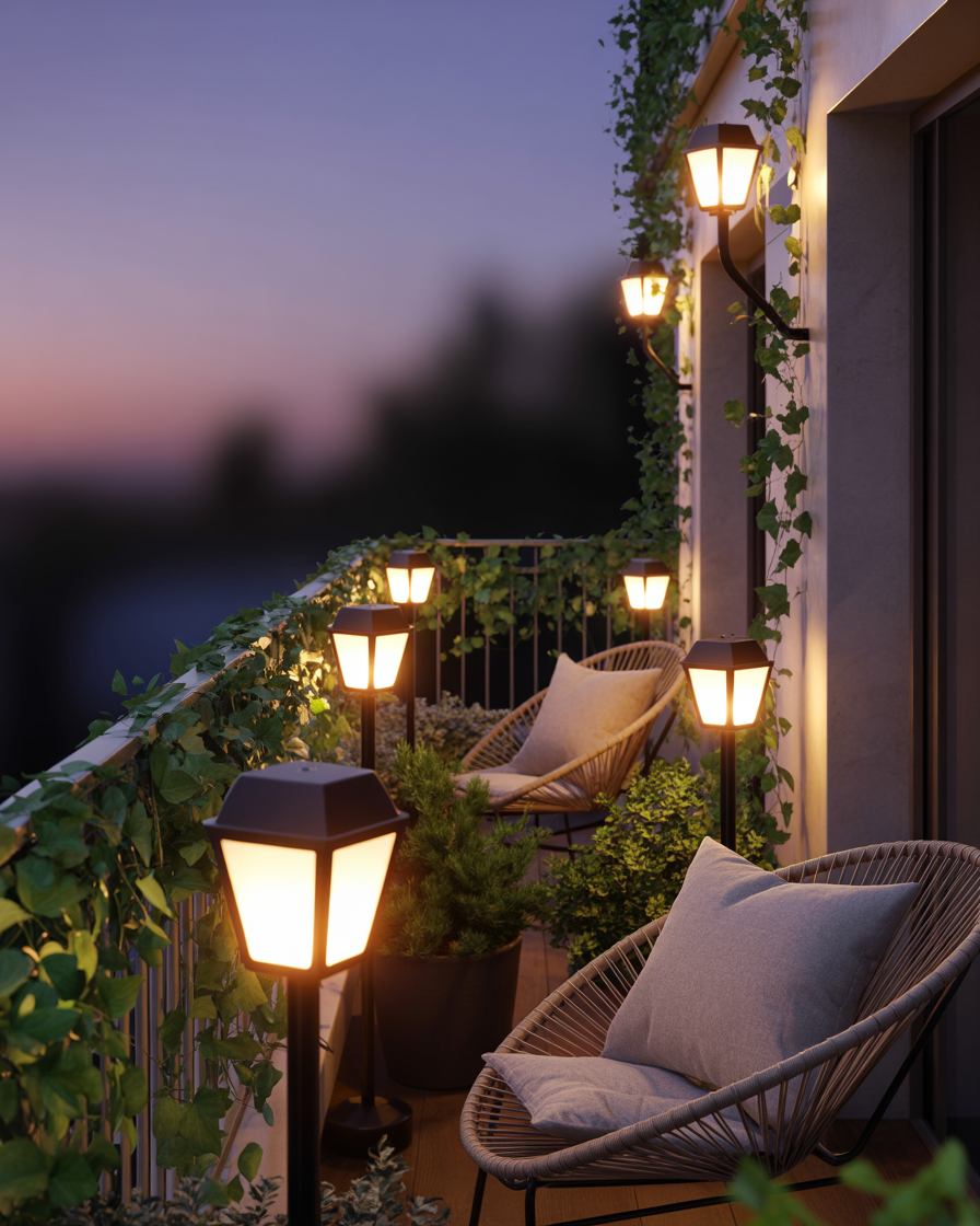 Eco-friendly solar-powered lights illuminating a romantic balcony."