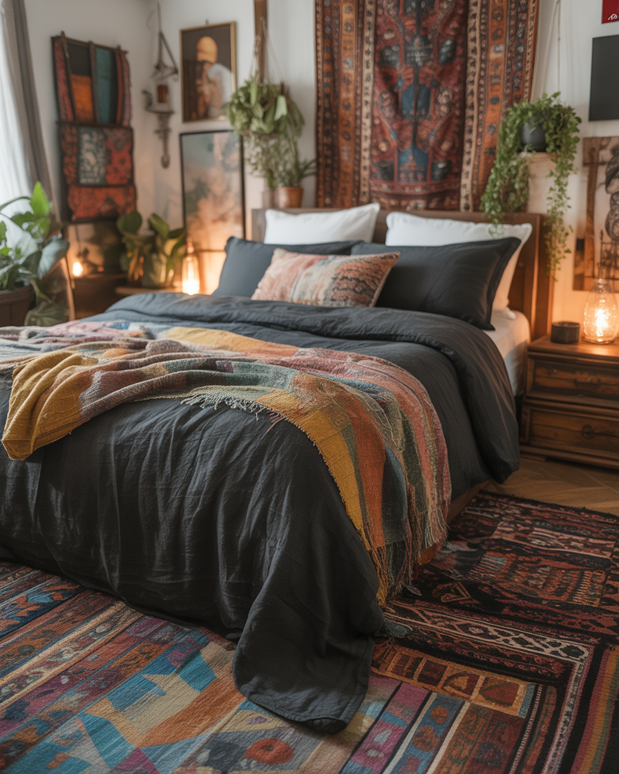 Black linen bedding paired with boho-style throw blankets and rugs for an eclectic, cozy vibe.