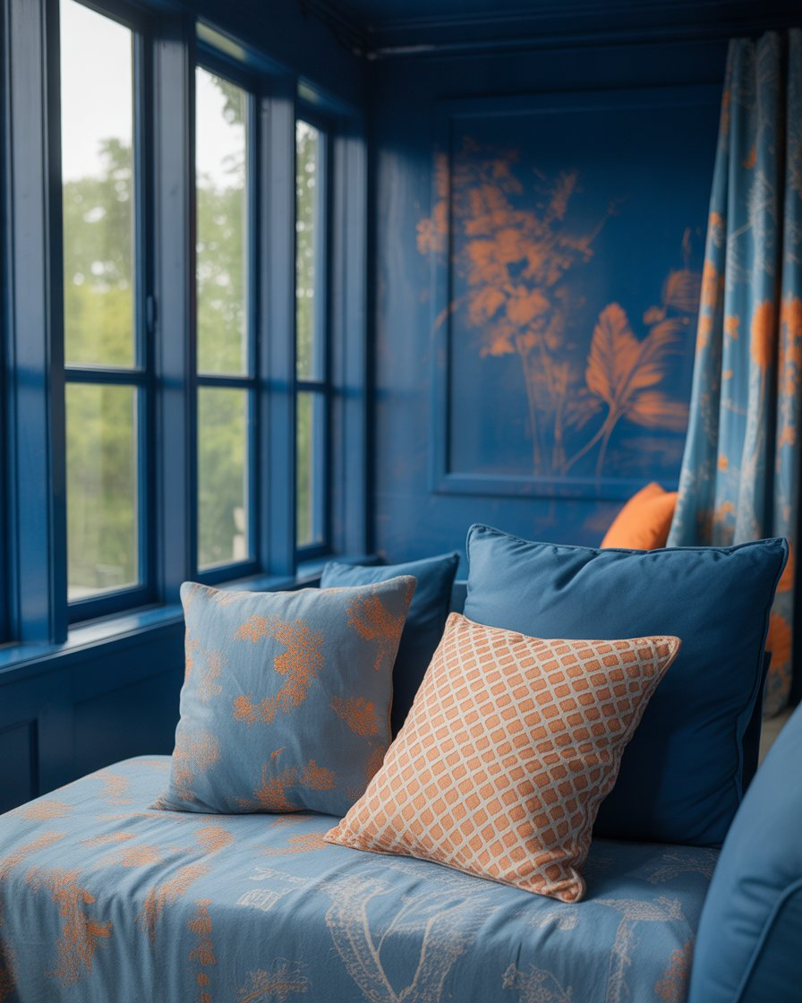 Cheerful sunroom with dark blue walls and subtle orange patterns, creating a serene yet lively ambiance.