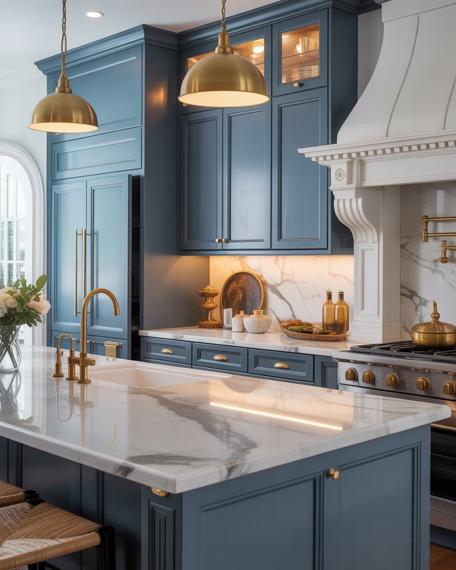 Slate blue kitchen cabinets with white marble countertops and brass lighting for a sophisticated and understated look.