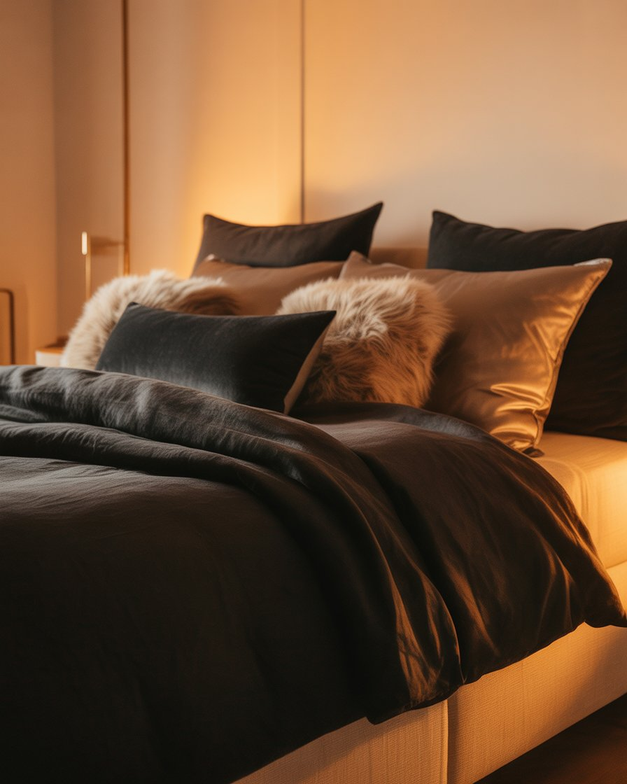 Black linen bedding with a mix of textured throw pillows in velvet and faux fur for added warmth and interest.