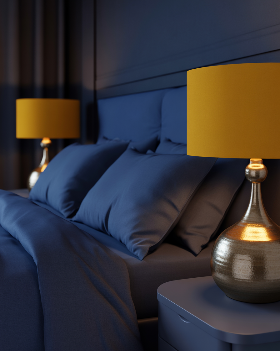 Navy blue bedding complemented by mustard yellow lamps creating a balanced and cozy bedroom.