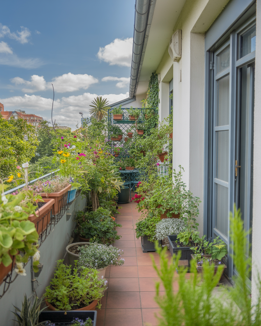 Garden pathway made of potted plants on a balcony