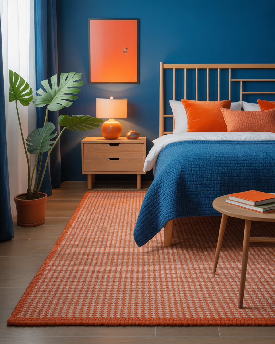 Vibrant tangerine throw rug creating a cozy contrast in the room.