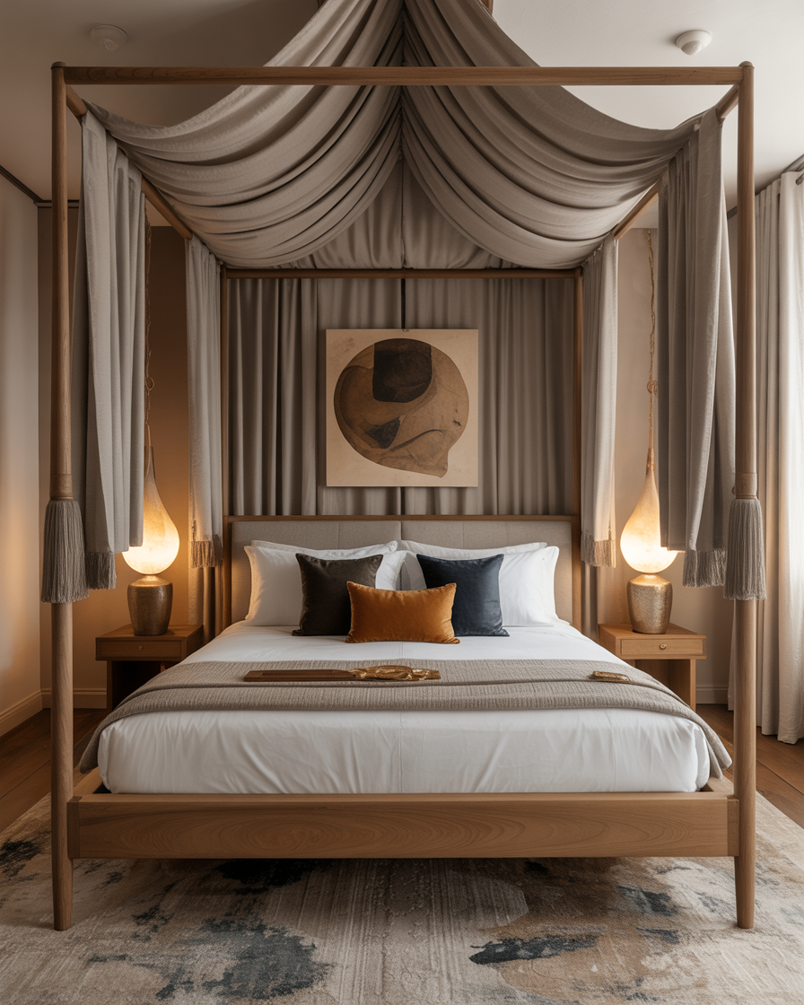 Artistic canopy bed with custom designs and personalized accents.