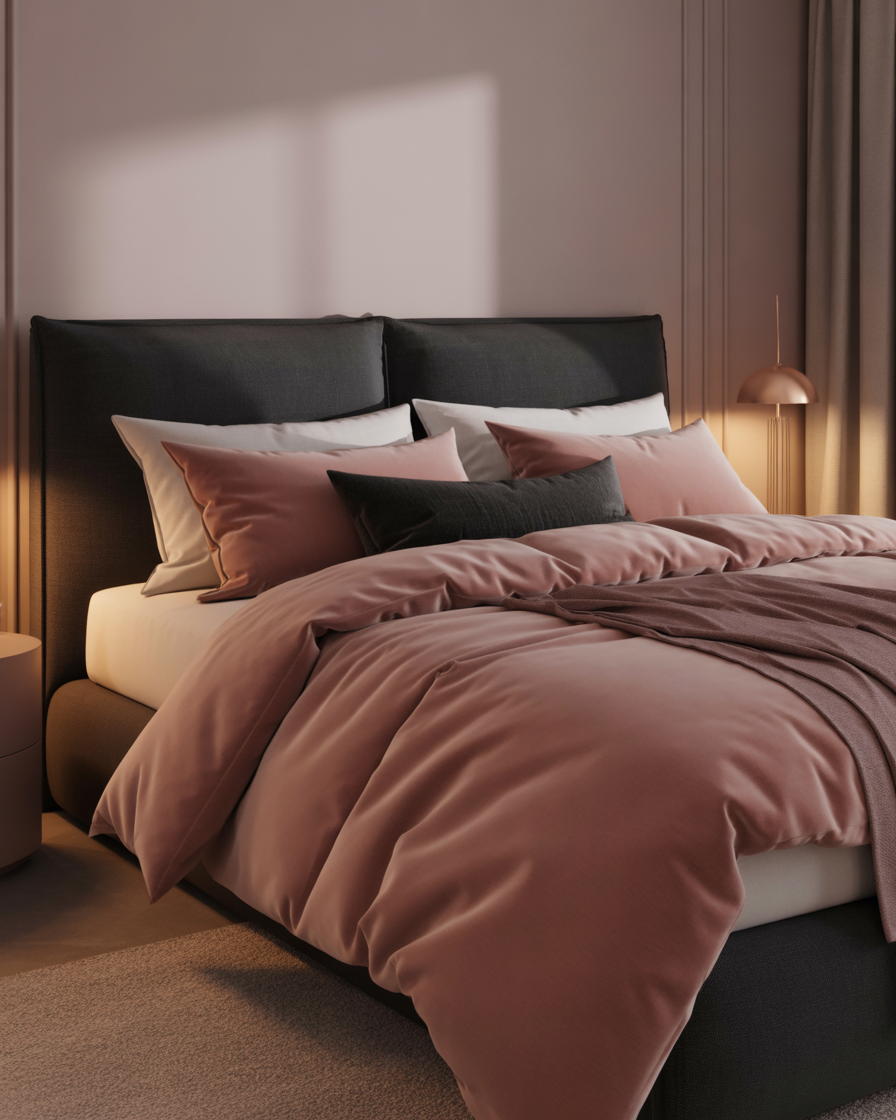 A stylish bedroom featuring dusty rose and charcoal tones for a modern, elegant look.