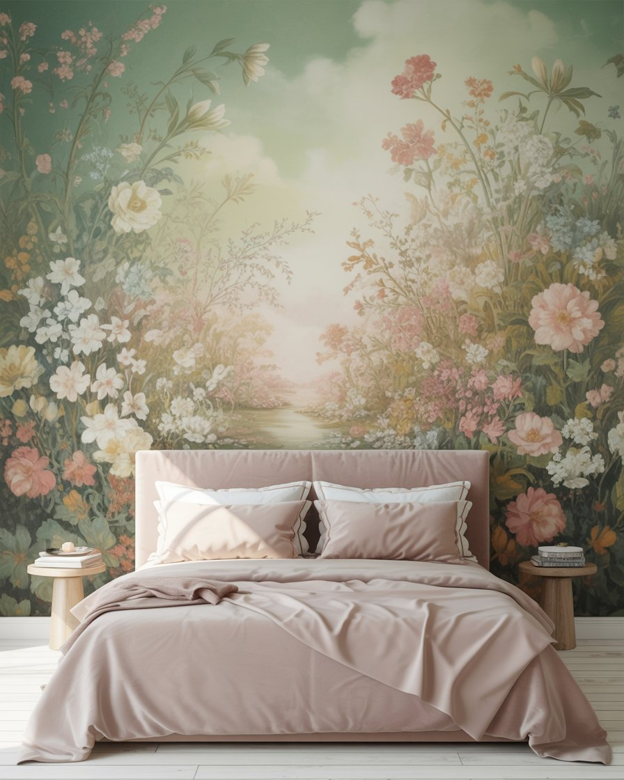 Bedroom with sage green and blush floral wallpaper for a bold statement.