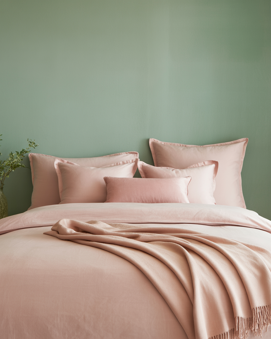Bedroom with layered blush pillows and throws on a sage green bed.
