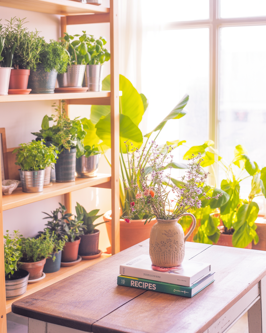 Greenery decorating a light, fresh lake house space