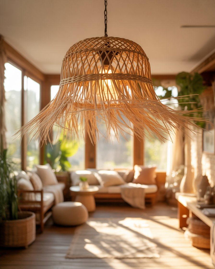 Rattan light fixture hanging in a boho sunroom.