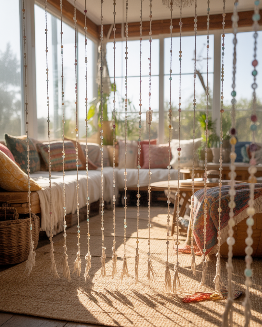 DIY beaded curtains in a boho sunroom.