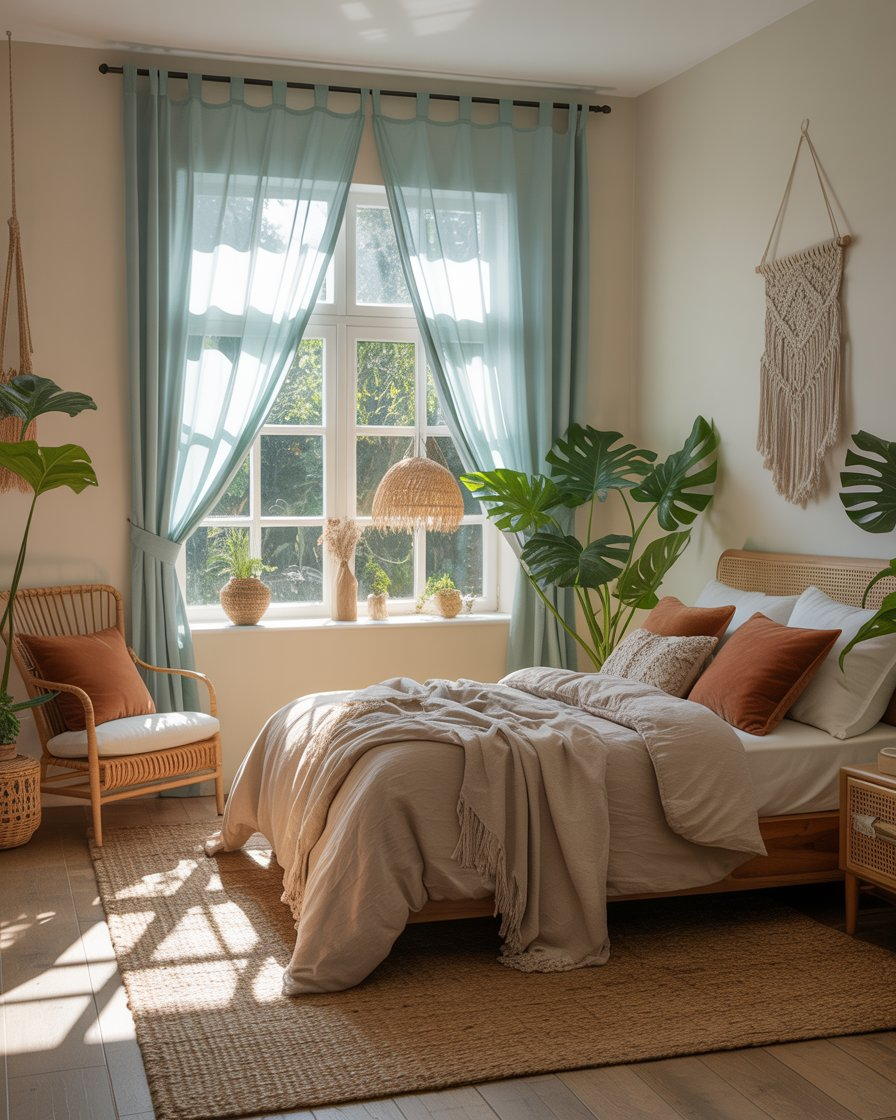 A boho bedroom with soft light blue curtains enhancing the room’s airy feel.