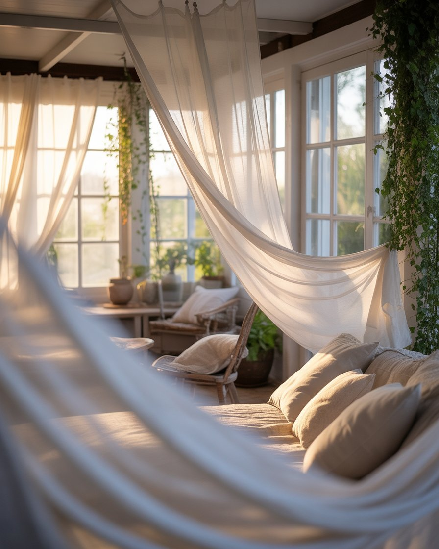 Flowing sheer curtains in a boho sunroom.