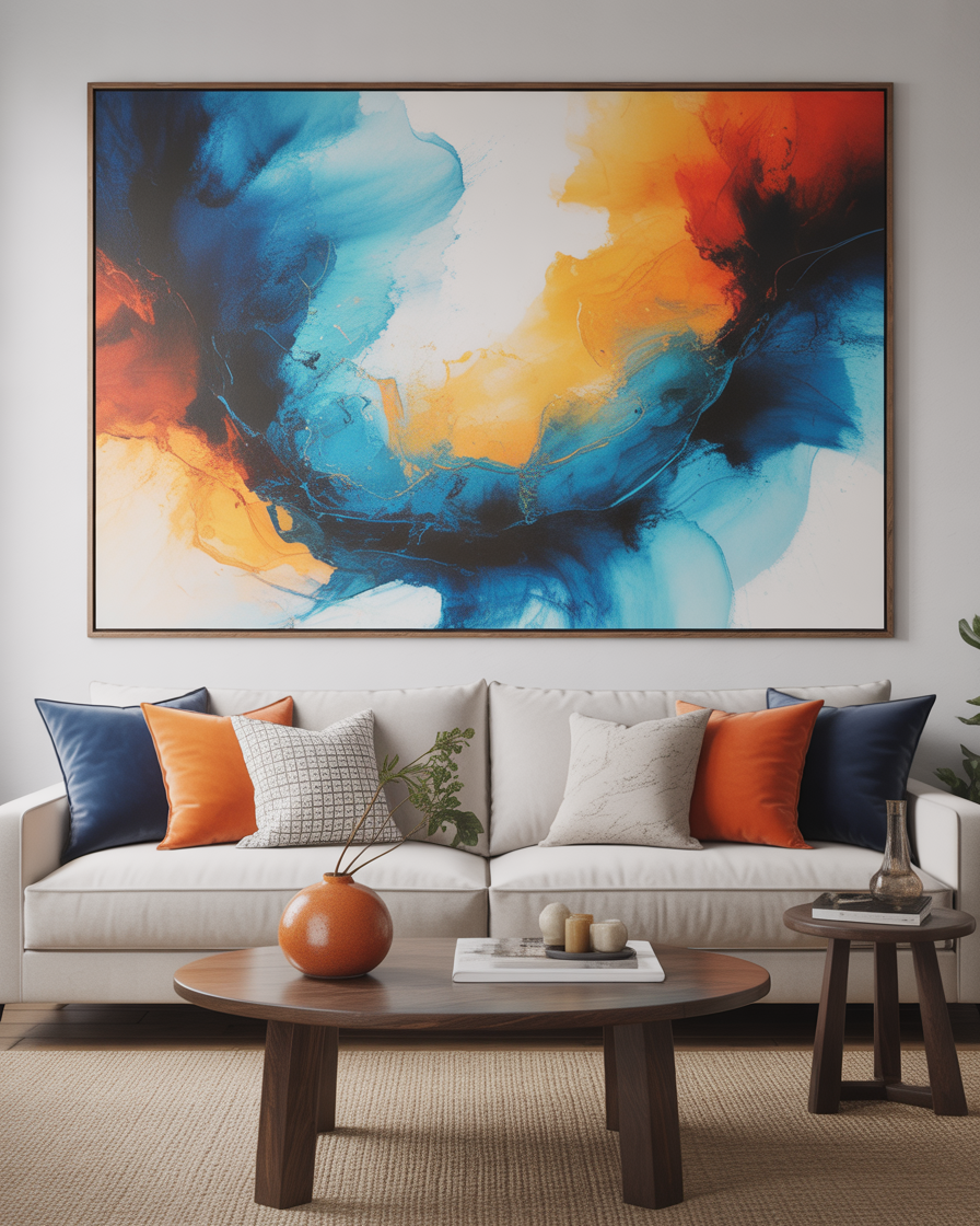 Living room with a striking piece of blue and orange abstract artwork hanging over the sofa.