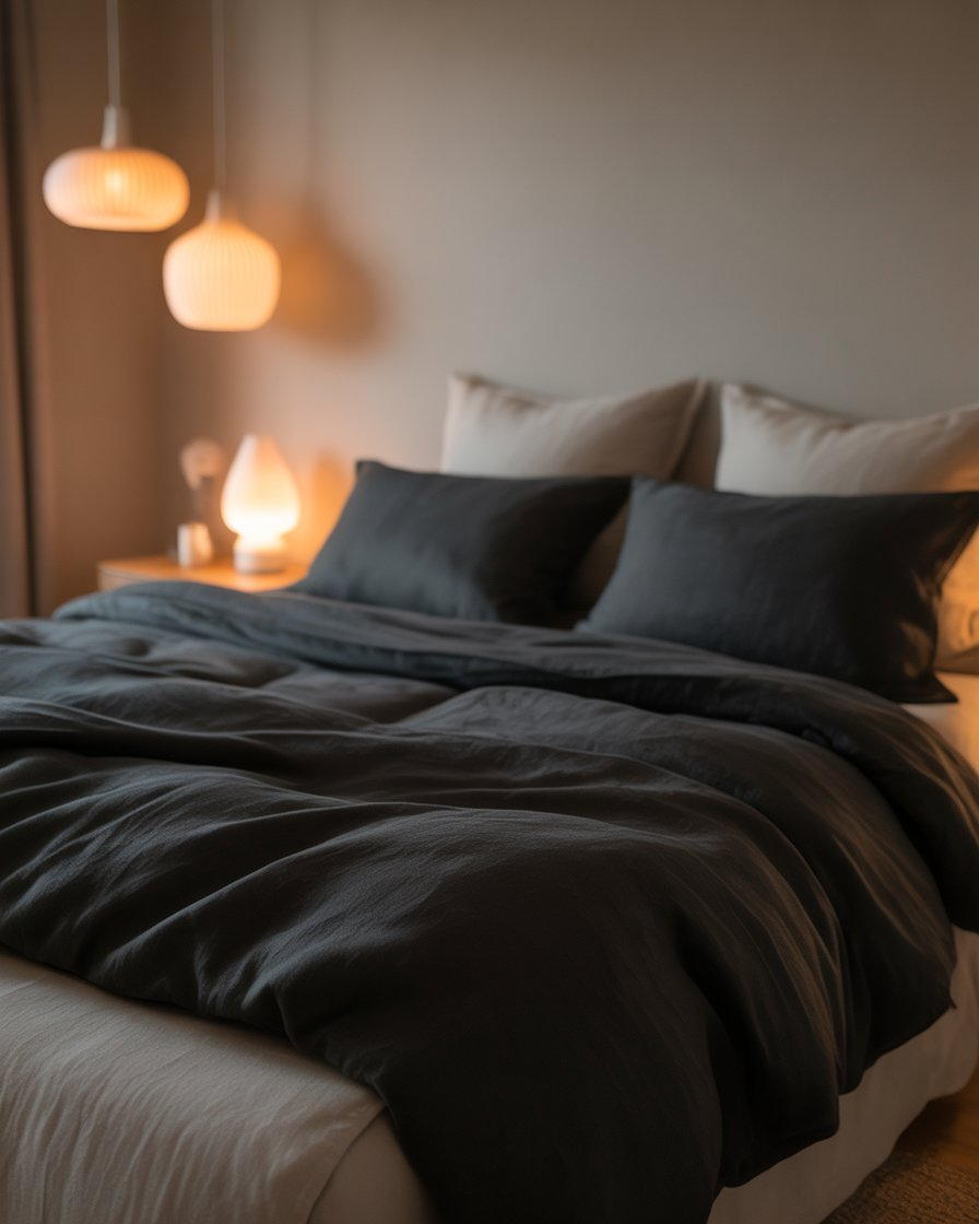 Soft lighting in a cozy bedroom with black linen bedding creating a warm and inviting ambiance.