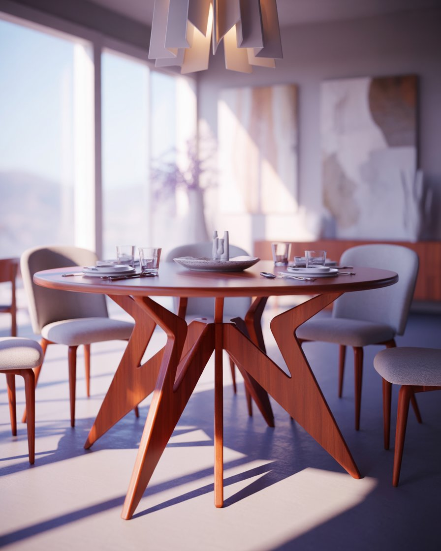 Round Mid-Century Modern dining table with angular wooden legs in a stylish dining room.