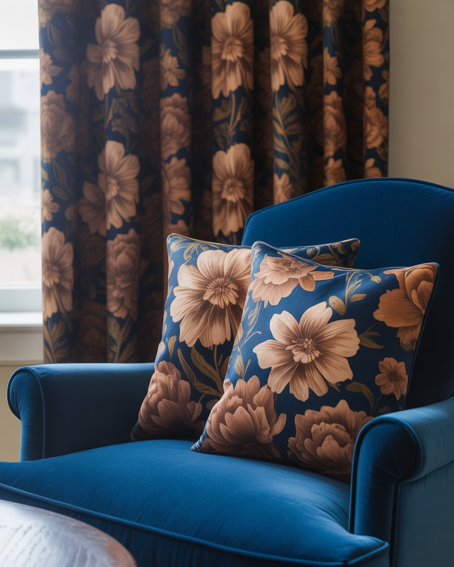 Lively living room with blue and brown floral patterns adding character and warmth to the space.