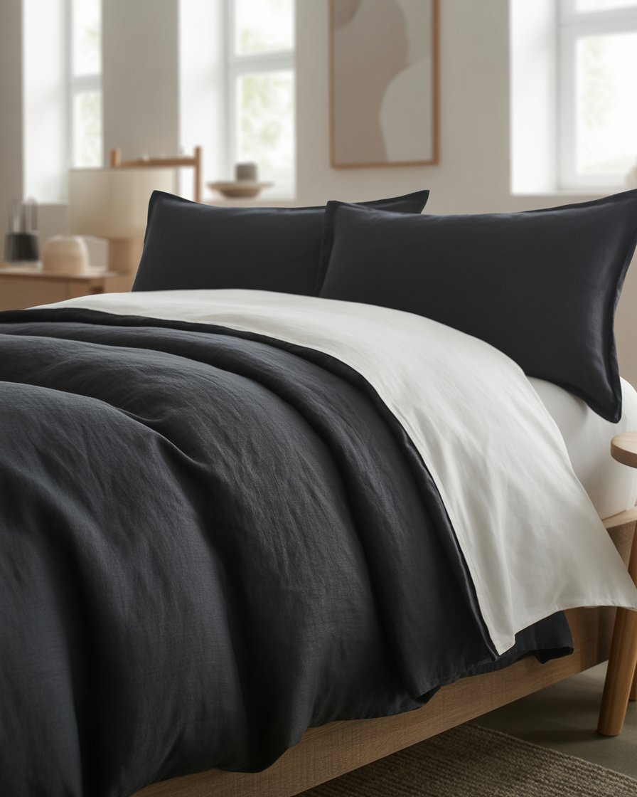 Black linen duvet cover layered with white sheets for a balanced, luxurious look.