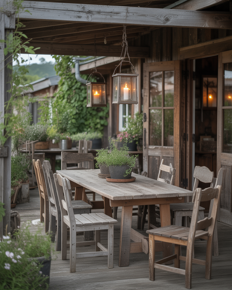 A rustic farmhouse-style patio with reclaimed wood furniture and vintage lanterns.