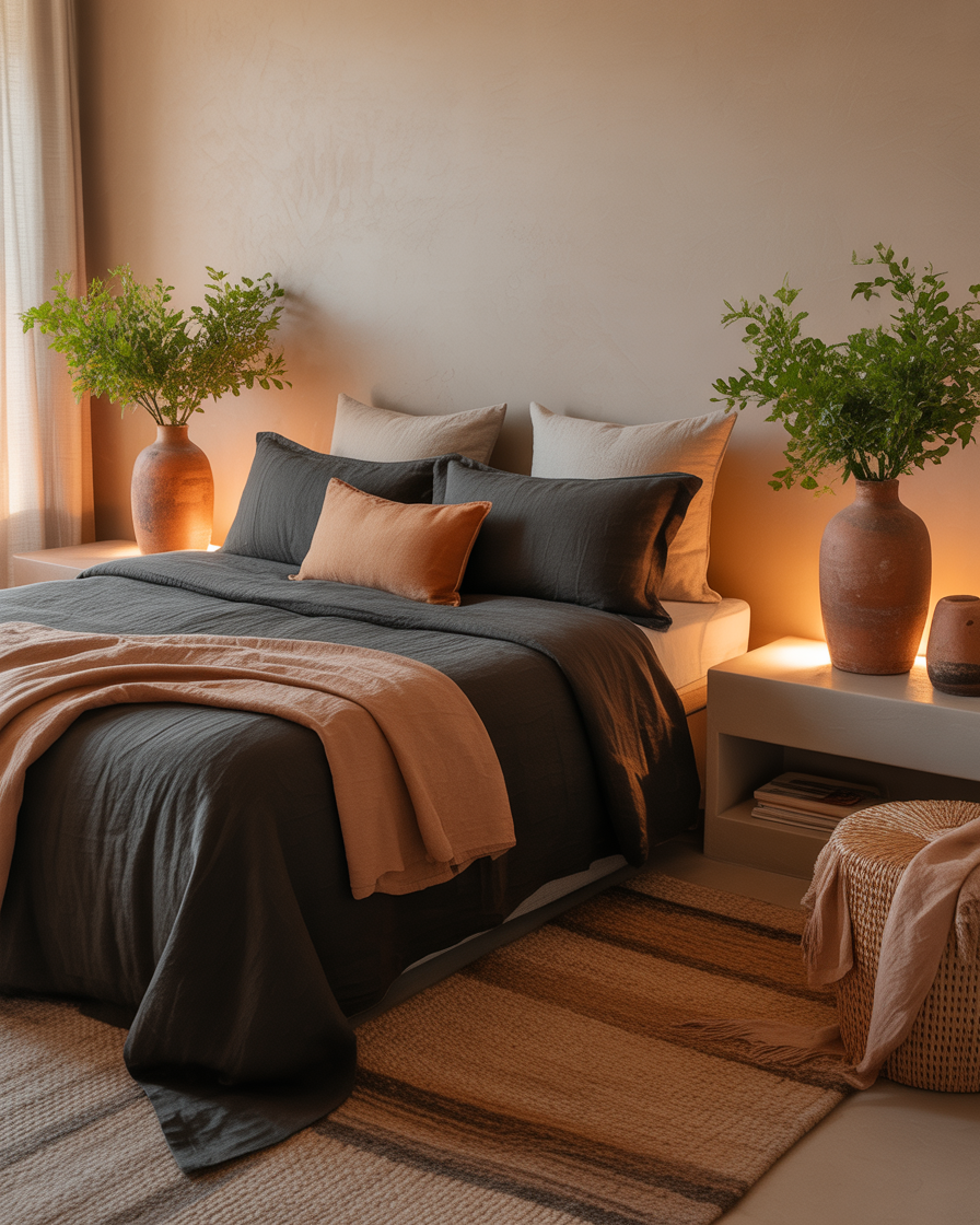 Black linen bedding with earthy decor accents, creating a warm and grounded bedroom vibe.
