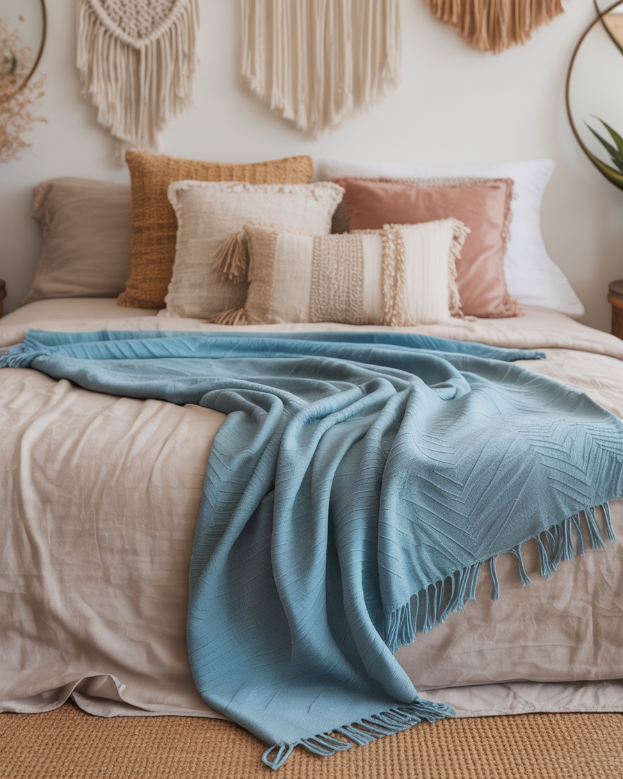 A boho bedroom with a light blue woven throw and macramé wall decor.
