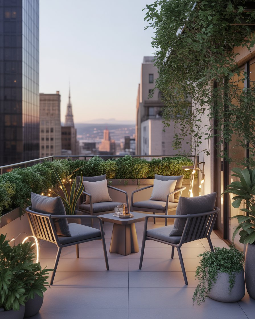 A chic rooftop patio with modern furniture and city views.