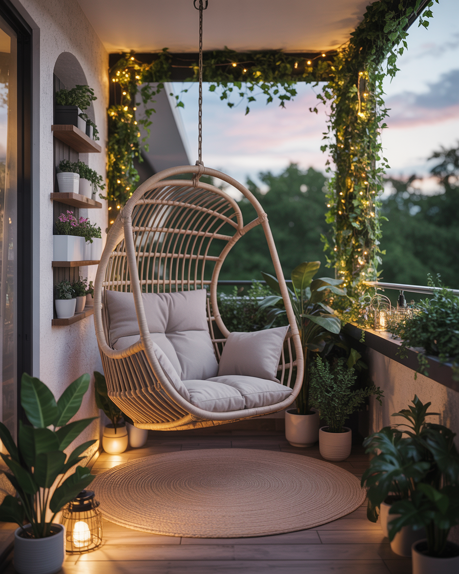 Balcony with a cozy swing chair, perfect for relaxation and lounging.