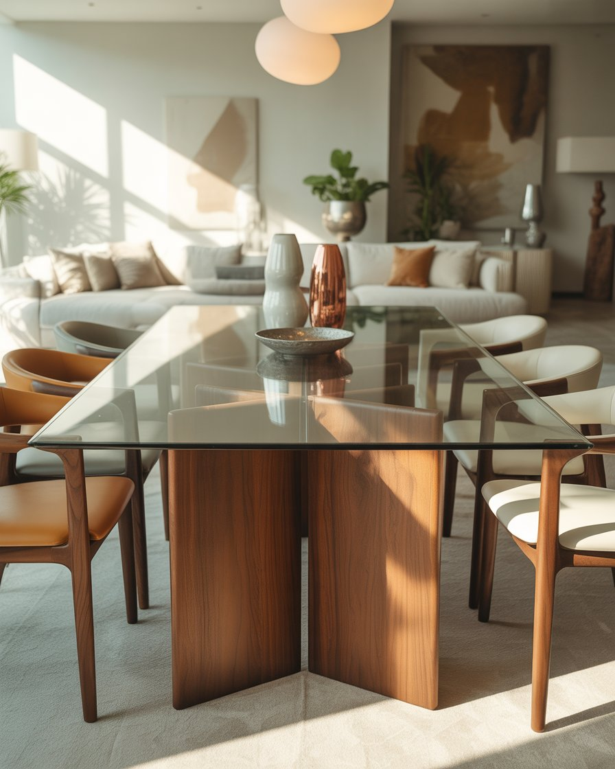 Rectangular glass top dining table with wooden frame in a modern dining room.