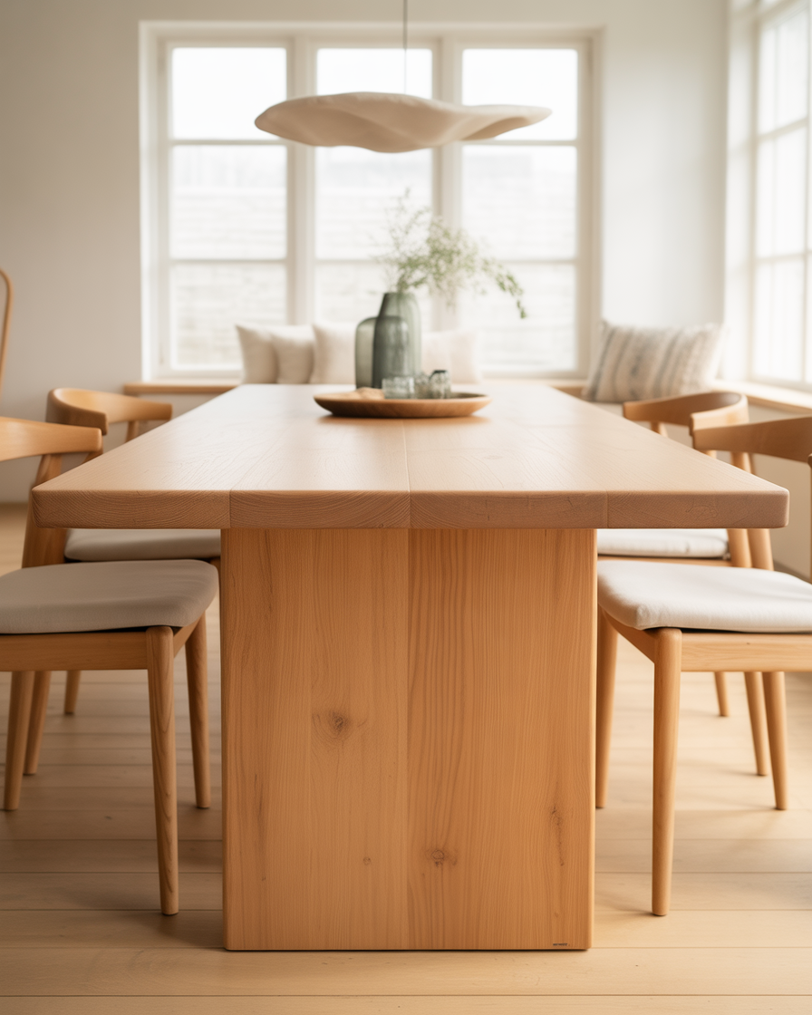 Natural oak wood dining table in a contemporary, minimalist dining room.