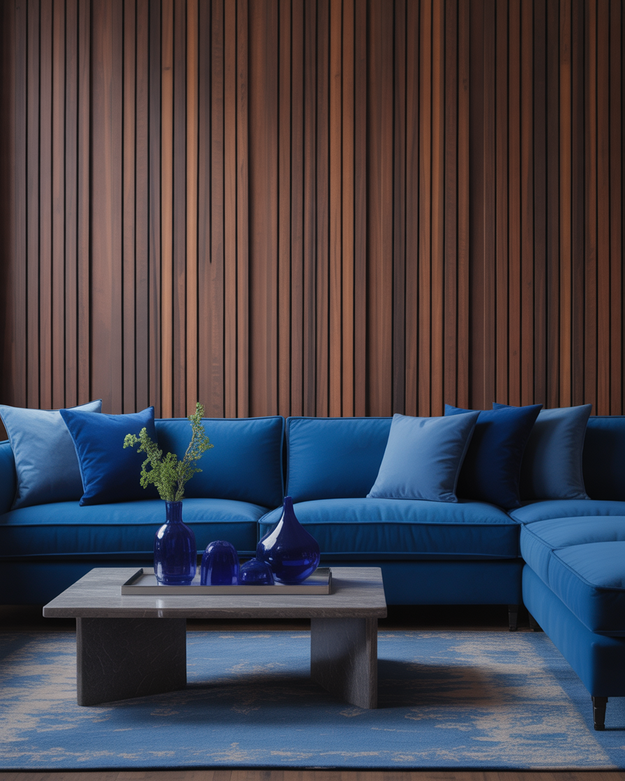 Modern living room with brown wood paneling and blue decor for a bold and inviting design.
