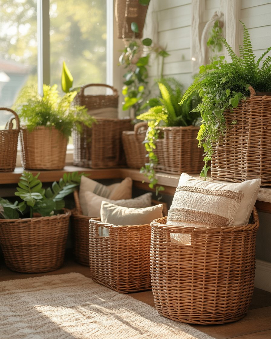 Woven storage baskets in a boho sunroom.