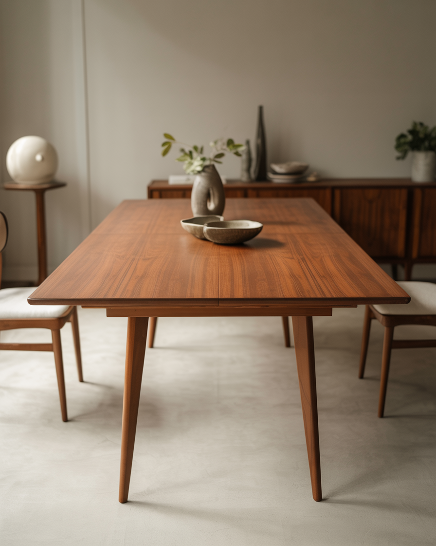 Extendable mid-century modern dining table in a modern dining room.