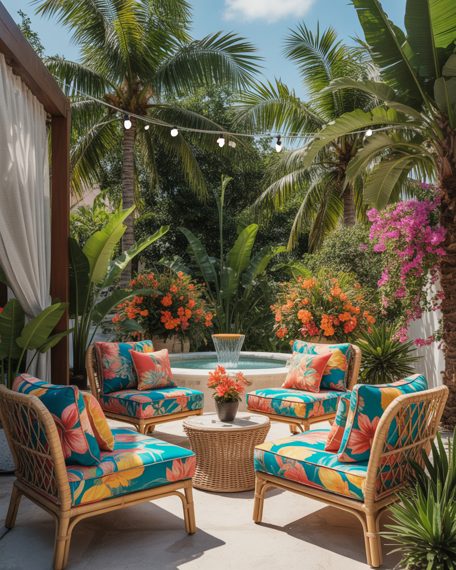 A tropical-inspired patio with vibrant colors, rattan furniture, and palm trees.
