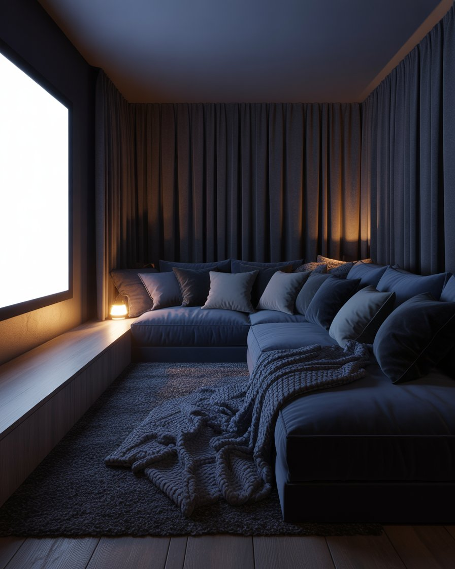 Cozy movie nook with blankets and pillows.