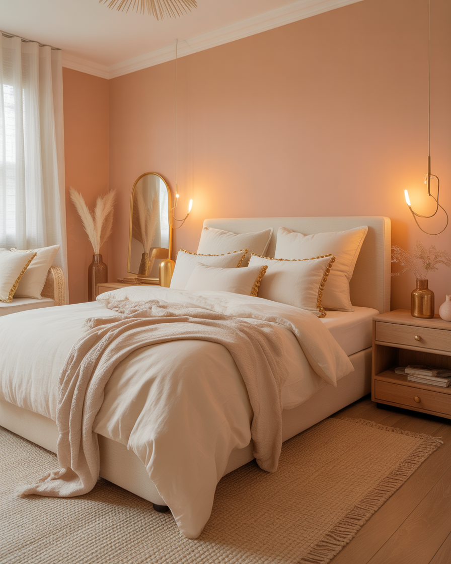A cozy and elegant bedroom with peach and cream tones, creating a warm, inviting atmosphere.