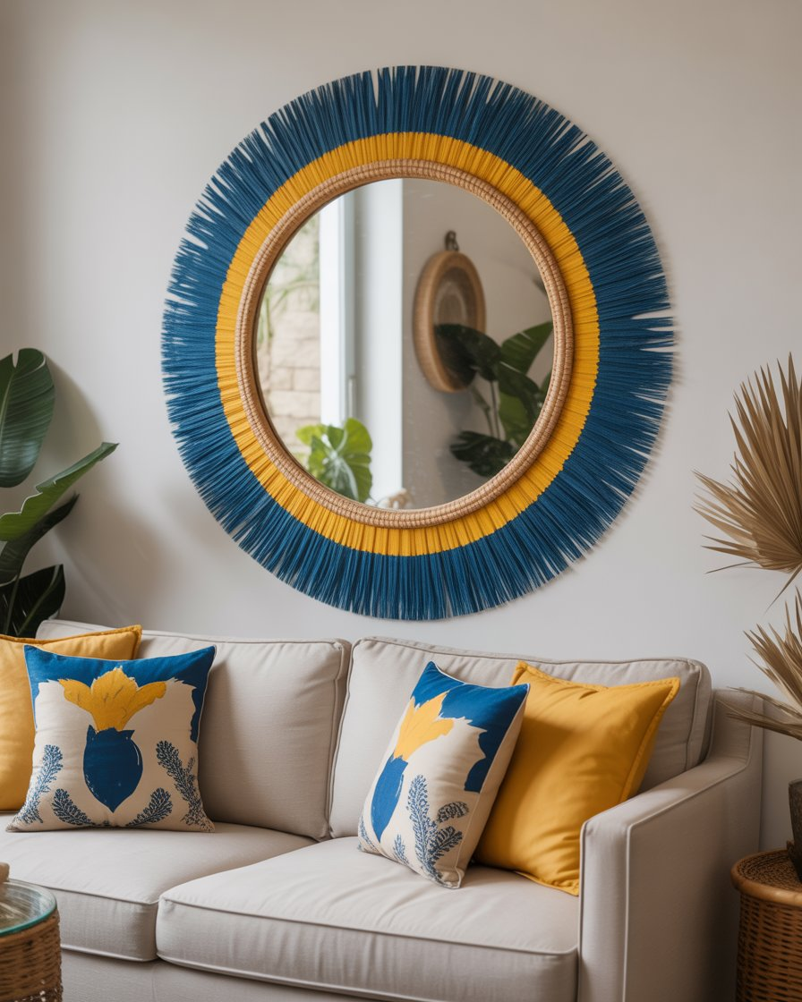 Stylish blue and yellow boho mirror adding elegance to the living room