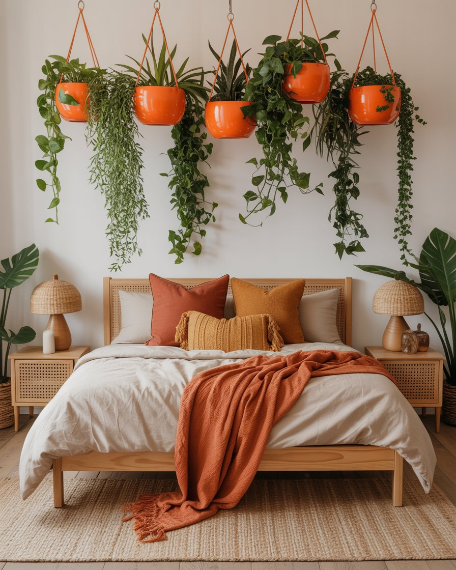 A boho bedroom with orange hanging planters adding color and plants to the room.