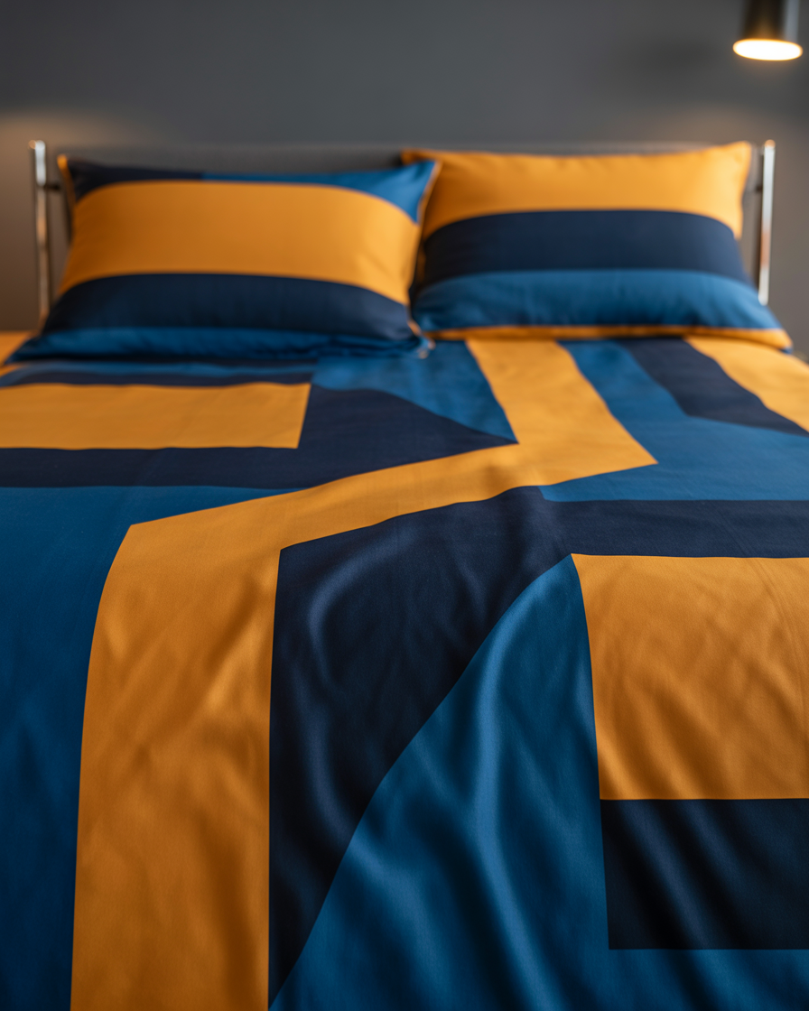 Geometric patterns in navy blue and mustard yellow creating a modern, stylish bedroom look.