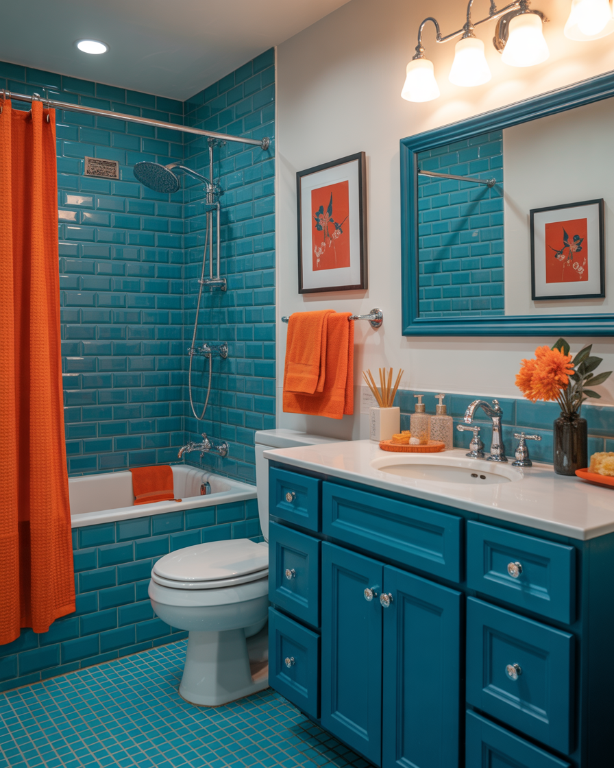 Modern bathroom featuring a blue vanity and vibrant orange towels, combining cool and warm tones.