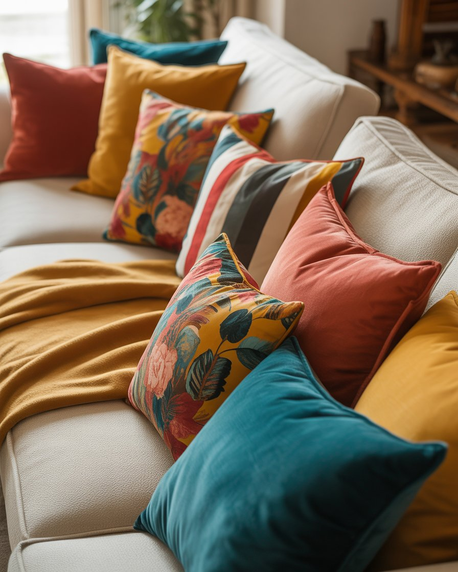 Family room with a sofa featuring bold and colorful throw pillows.