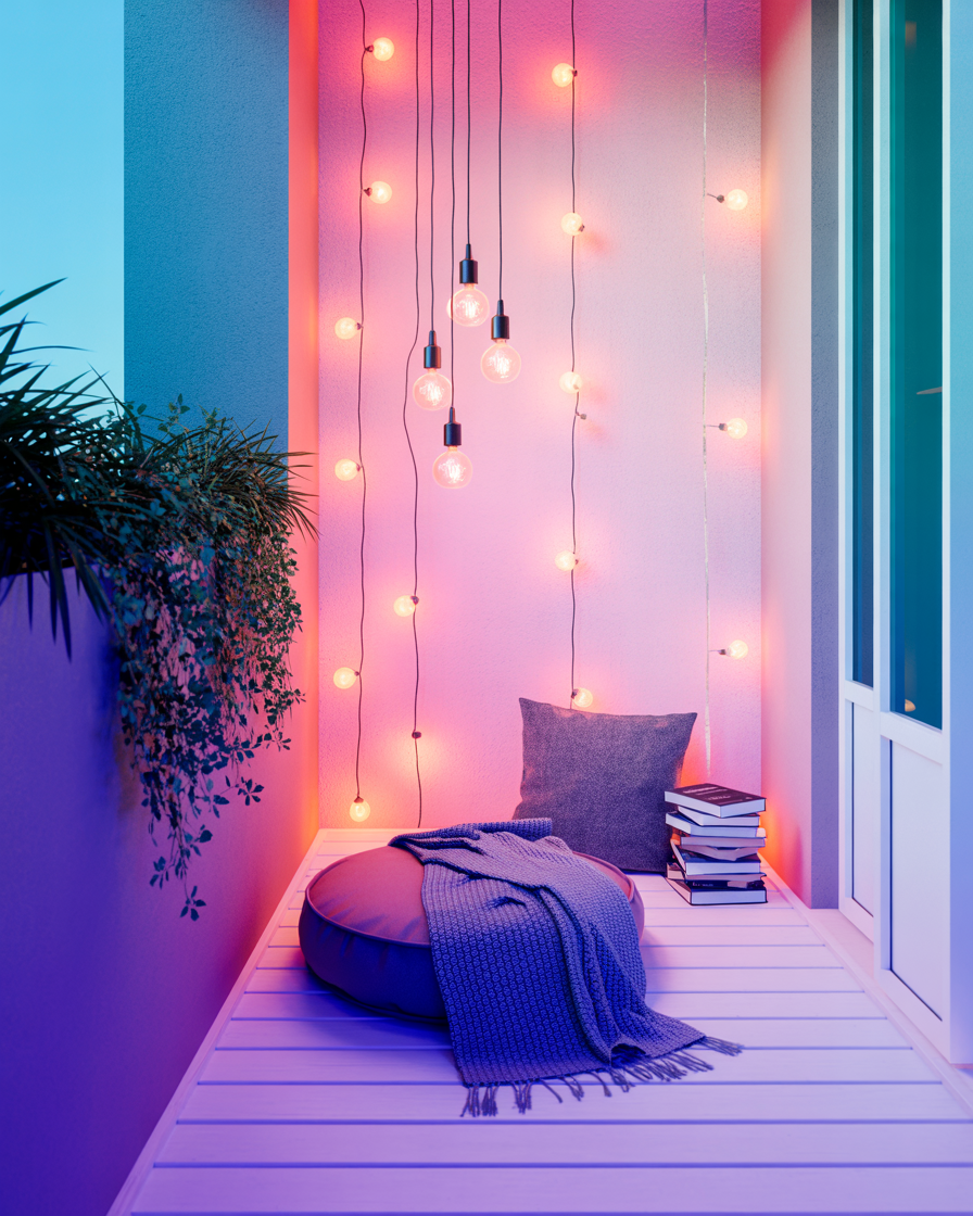 Reading nook on balcony with pillows and soft lights