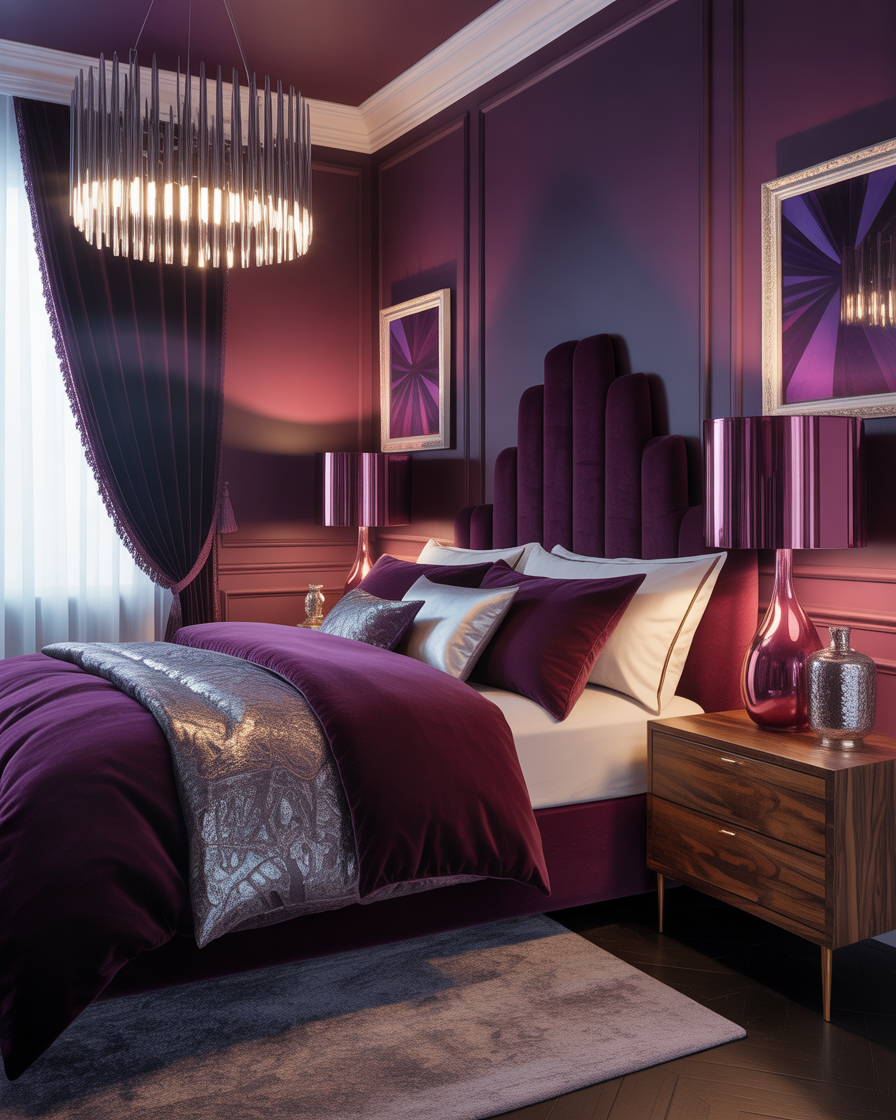 A glamorous bedroom with plum and silver tones, offering an opulent and chic design.